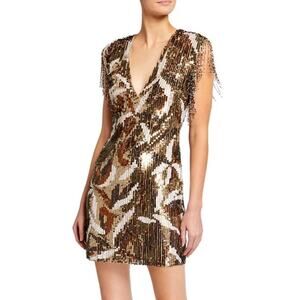 NWT Jay Godfrey San Jose Fringe Sequins V-Neck Mini Dress Bronze Women's Size 12